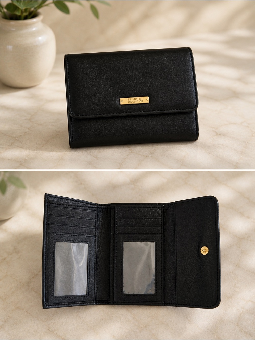 St. John Collection black leather trifold wallet NWOT
